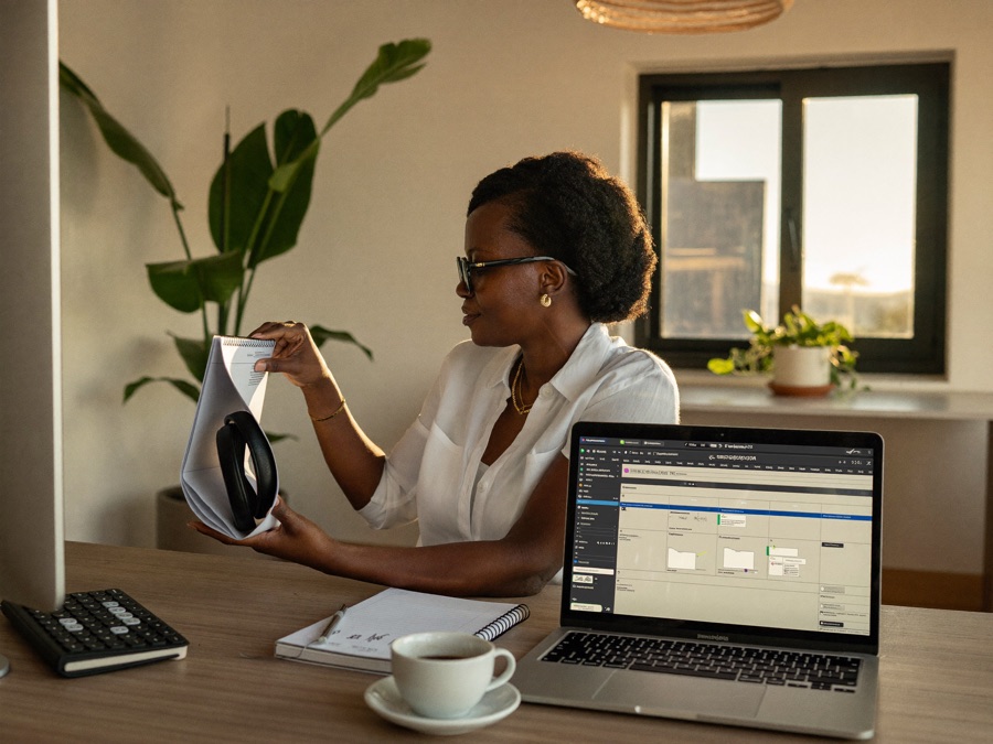 An executive assistant managing a calendar and inbox on a laptop